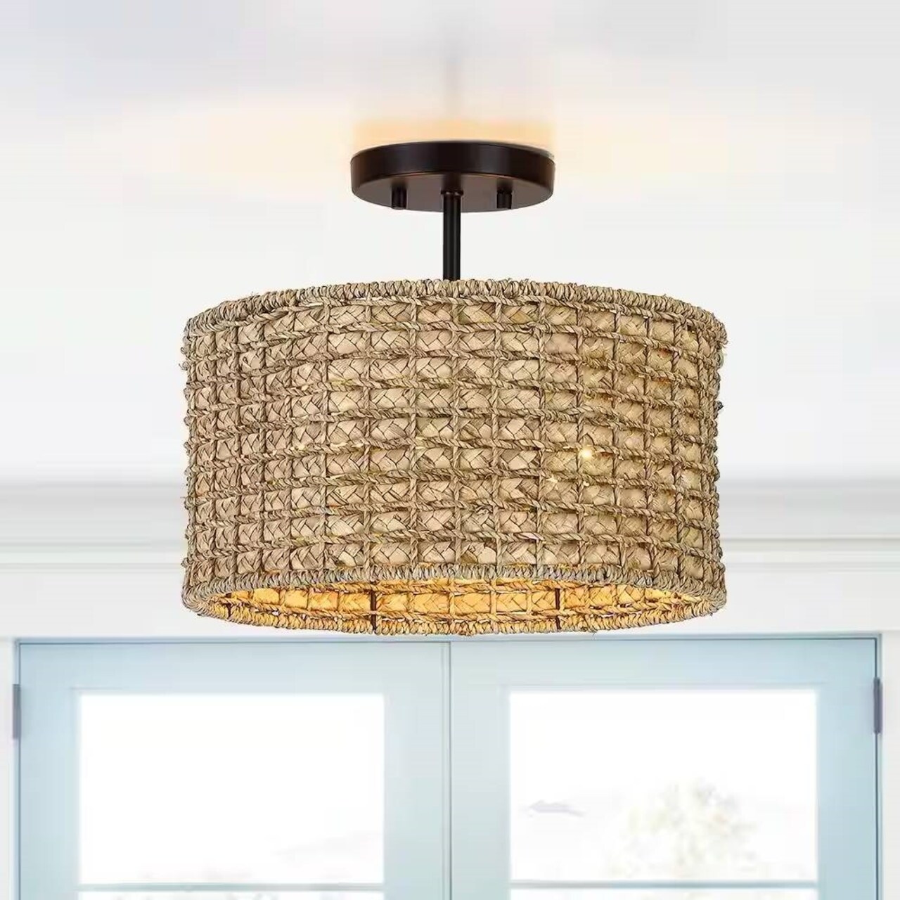 Gold Rattan Bohemian Drum 2-Light Ceiling Light Semi-Flush Mount Decorative Fixture